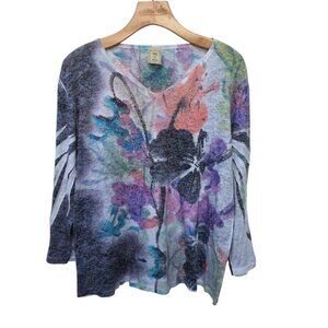 Vintage Jess & Jane Floral Rhinestone Top Watercolor All Over Print USA Made XL